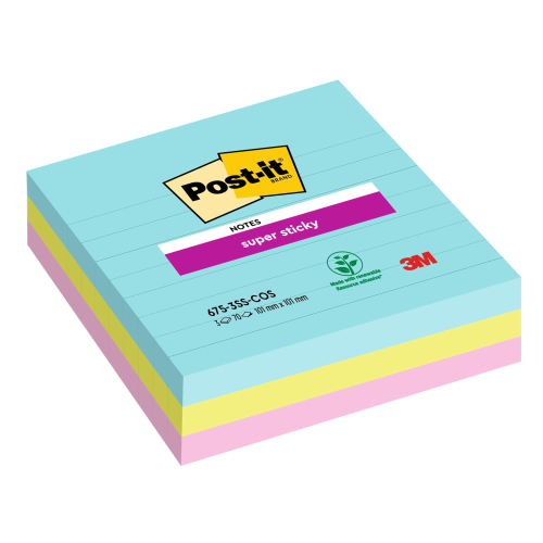 3M POST-IT COSMIC BLOCCHETTO 101X101 mm 90 FOGLI A RIGHE COLORI ASSORTITI CONF 3 Pz.